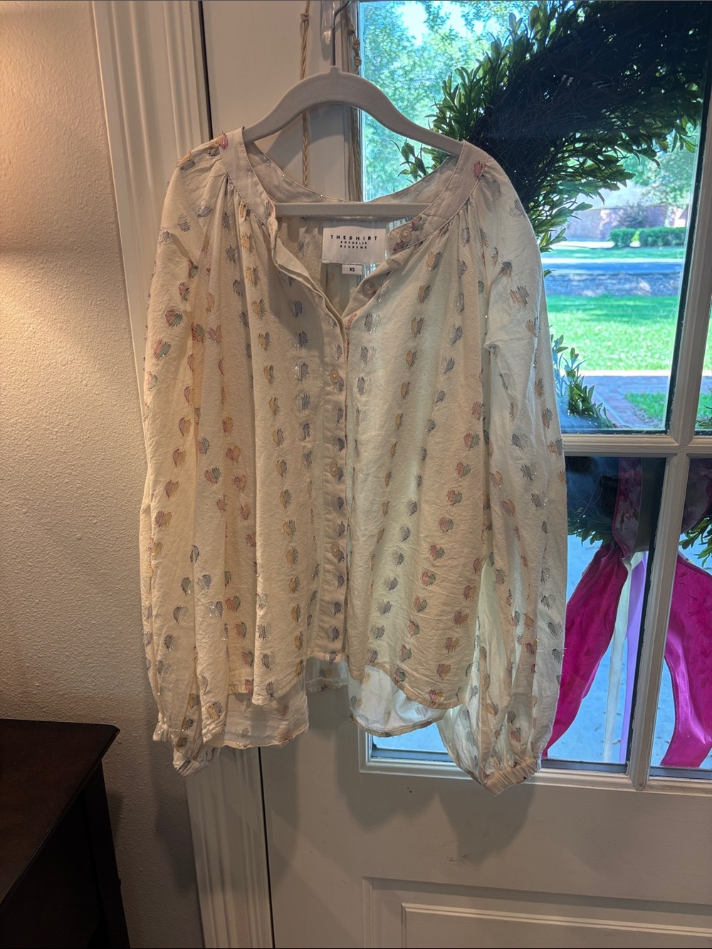 Cream heart Button-Front Peasant Blouse